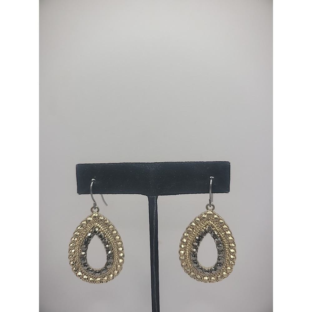 Vintage Gold Tone Smoky Gray Glass Teardrop Pierced Drop Dangle Earrings Classic